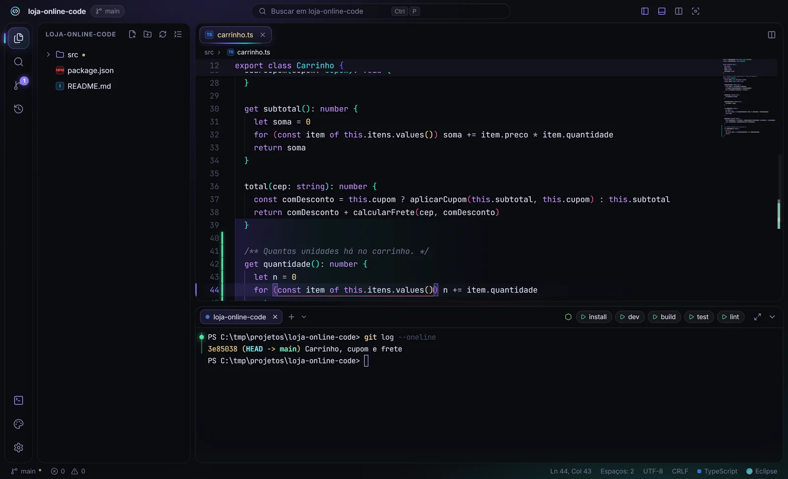 EureonCode com o código em destaque, linhas alteradas marcadas pelo Git e o terminal com as tarefas do projeto