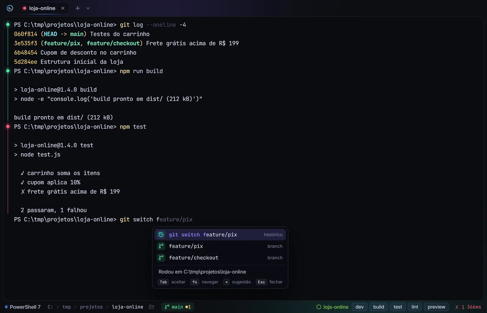 EureonShell com blocos de comando, sugestão de branches do git e as tarefas do projeto na barra de baixo