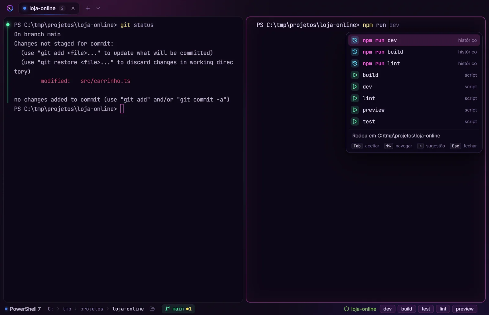 Painéis divididos, com os scripts do projeto sugeridos no menu.